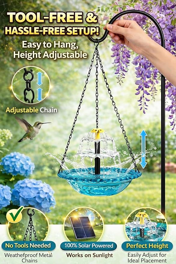 Solar Cascade Hanging Bird Bath Fountain, 2026 New Outdoor Hanging Bird Bath with Solar Fountain, Large Humming Birds Baths Fountains, with Solars Pump & Glass Bowl, for Outdoor, Gardens (#9)