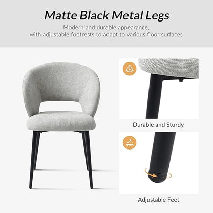 Contemporary Dining Chairs with Armrests – Ergonomic Soft-Padded Seat, Curved Backrest, Matte Black Metal Legs, Comfortable Kitchen & Dining Room Chairs, Set of 2