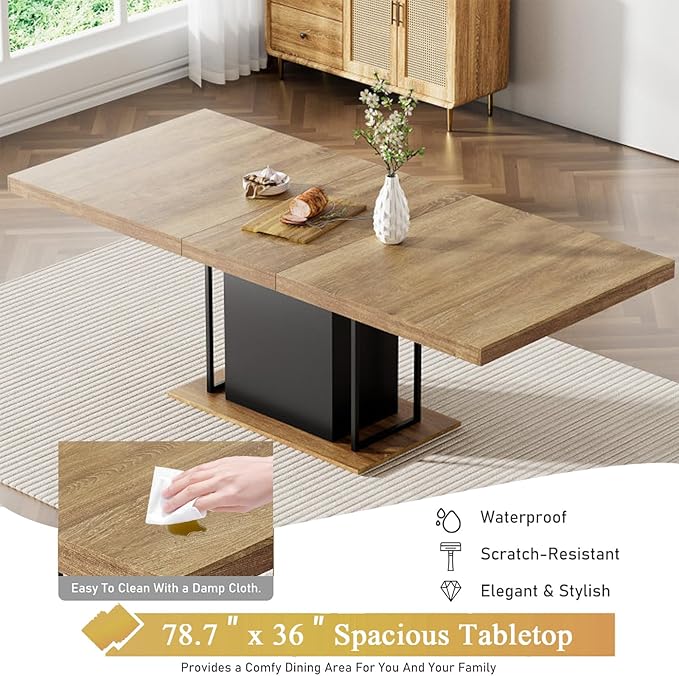 Goujxcy 78.7" Farmhouse Extendable Dining Room Table Set for 6, 7-Piece Rectangle Kitchen Dining Room Table Set with Wood Base and 6 Green Velvet Dining Chairs, Extending Kitchen & Dining Table Set