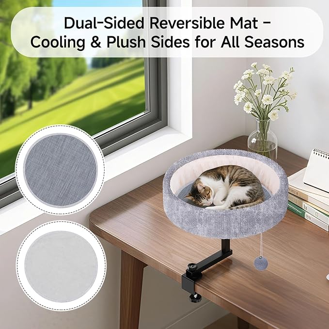 Cat Desk Bed - 360° Rotating & Adjustable, Supports 44 lbs, Soft Faux Fur with Dual-Sided Reversible Mat, Modern Indoor Cat Nest Furniture for Office Desks and Game Tables, Island Table