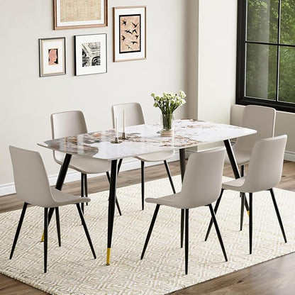 7 Piece Modern Dining Set, 62'' Sintered Stone Dinner Table for 6, Easy to Assemble