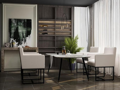 Linen Upholstered Dining Chairs with Arms Set of 4 Mid Century Modern Accent Chairs Armchairs with Black Metal Frame, Modern Kitchen & Dining Room Chairs, Cream