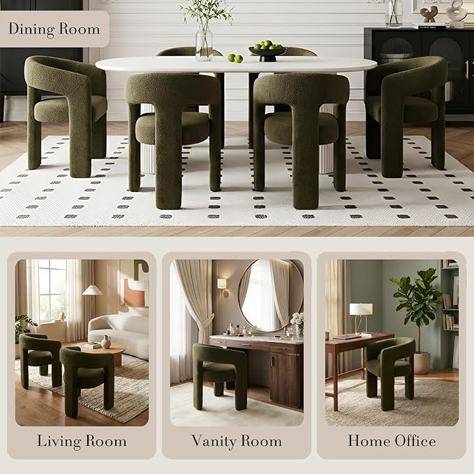 Modern Sherpa Barrel Dining Chair Upholstered Faux Fur Dining Room Chair with Arm Comfy Accent Side Chair for Kitchen/Living Room/Reception, Green, 1 PC