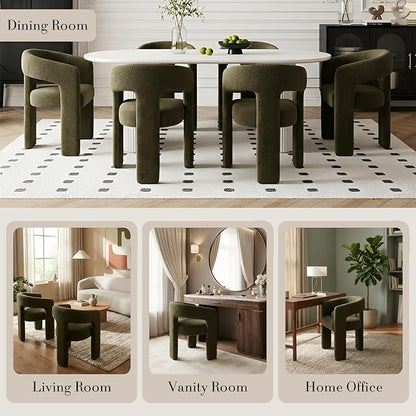 Modern Sherpa Barrel Dining Chair Upholstered Faux Fur Dining Room Chair with Arm Comfy Accent Side Chair for Kitchen/Living Room/Reception, Green, 1 PC