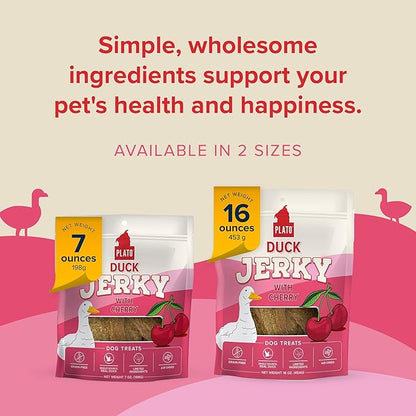 PLATO Pet Treats - Air-Dried Jerky - Delicious, Real Meat Dog Treats - Grain Free - Supports Healthy Digestion - Duck with Cherry 16oz