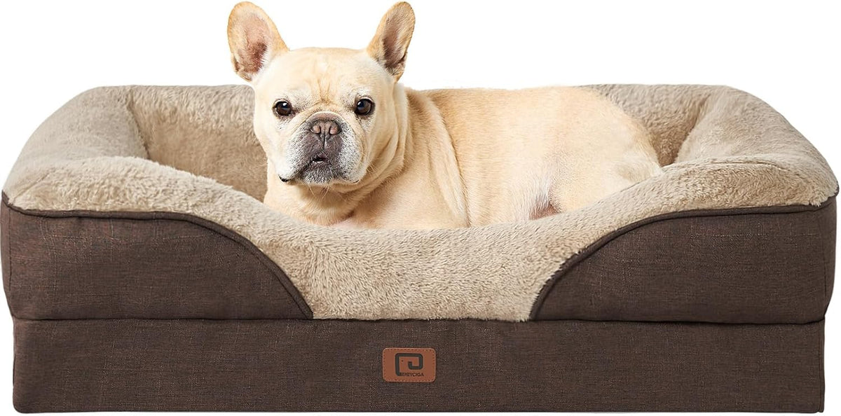 EHEYCIGA Memory Foam Dog Bed for Medium Size, Orthopedic Dog Sofa with Sides and Waterproof Liner, Washable Bolster Pet Bed Couch with Removable Cover, 30x20x6.5 Inch, Brown