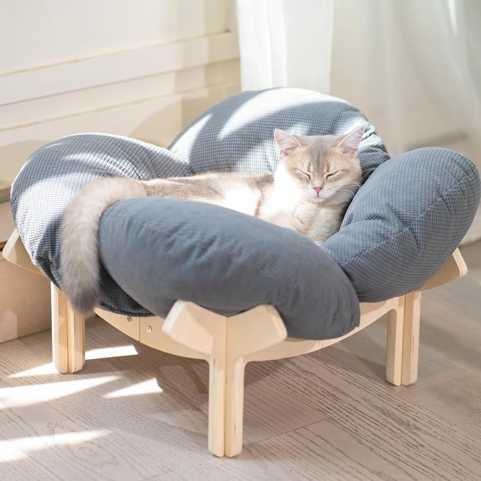 CHEERHOME PETS Elevated Cat Bed Wooden with Cushion Fluffy Pet Couch Sofa for Indoor Cats Raised Kitty Lounge Chair Suitable for Puppy, Cat Furniture(Gray)