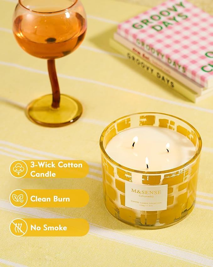 M&SENSE Citronella Scented Candle,11.6oz Natural Non Toxic Soy Wax for Home, 3 Wick Jar Candle, Up to 60 Hours Burn time, Home Decor Birthday Gifts for Women and Men