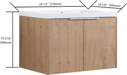 Goujxcy 30" Wall Mounted Vanity With Sink, Modern Floating Cabinet With White Resin Wash Basin & Storage, Soft-Close Door Plywood Hanging Bathroom Cabinet (Imitative Oak)