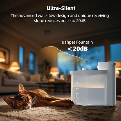 uahpet Cat Water Fountain, Wireless & Battery Operated 2L/67oz Pumpless Automatic Pet Fountain with Motion Sensor, Food-Grade ABS Tray, Easy to Clean Water Dispenser for Cats