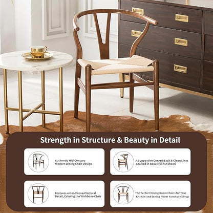 Tomile Wishbone Chair Y Chair, Wooden Dining Chairs Set of 2, Mid Century Modern Chairs with Arms, Solid Wood Weave Seat Kitchen & Dining Room Chairs (Ash Wood - Walnut Color)