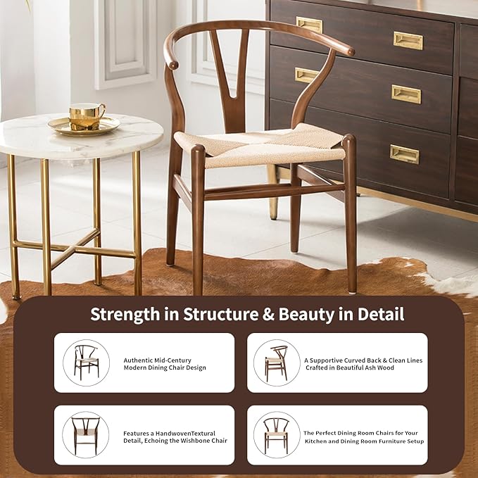 Tomile Wishbone Chair Y Chair, Wooden Dining Chairs Set of 4, Mid Century Modern Chairs with Arms, Solid Wood Weave Seat Kitchen & Dining Room Chairs (Ash Wood - Walnut Color)