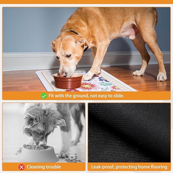 KOOLTAIL Dog Food Mat, 2 Pack Absorbent Pet Feeding Mat for Food and Water Bowls, Placement Pad for Floors with Waterproof Rubber Backing, Quick Dry Water Dispenser Mat for Dogs Cats, Flower, 12"x20"