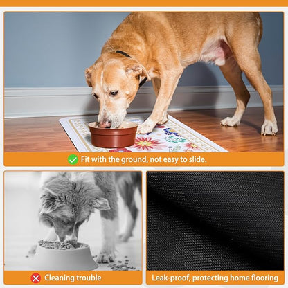 KOOLTAIL Dog Food Mat, 2 Pack Absorbent Pet Feeding Mat for Food and Water Bowls, Placement Pad for Floors with Waterproof Rubber Backing, Quick Dry Water Dispenser Mat for Dogs Cats, Flower, 12"x20"