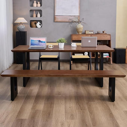Walnut Color Long Bench Solid Wood Top Metal Legs U-Shaped Design Durable Sturdy Dining Bench Ideal for Office Home Restaurant Patio Multiple (Bench, 55.12in)