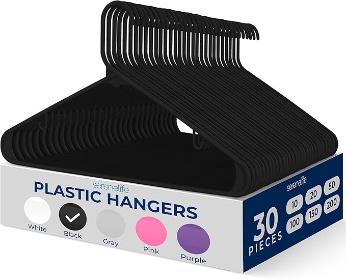 SereneLife 30 Pack Plastic Hangers, Non-Slip, Space-Saving Closet Organizers, Durable and Strong for Shirts, Sweaters, Hoodies, Kids Clothes & Dresses, Ultra-Thin, Lightweight
