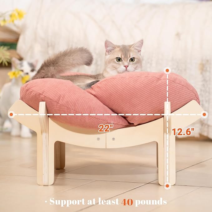 CHEERHOME PETS Elevated Cat Bed Wooden with Cushion Fluffy Pet Couch Sofa for Indoor Cats Raised Kitty Lounge Chair Suitable for Puppy, Cat Furniture(Pink)