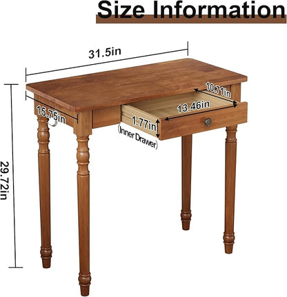 32 Inch Mid Century Modern Desk - Rubber Wood Desk with Drawers, Vintage Narrow Desks with 2 Hooks, Small Writing Desks for Small Spaces, Bedroom, Living Room & Office, Walnut Color