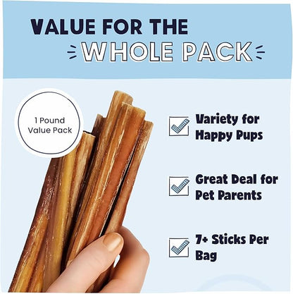 Pawstruck Natural 8–12" Bully Sticks for Dogs – Long-Lasting, Rawhide-Free, Low-Odor, Grain-Free Dental Chew Treat – Single Ingredient, 100% Real Beef – 1 lb Bag – Packaging May Vary