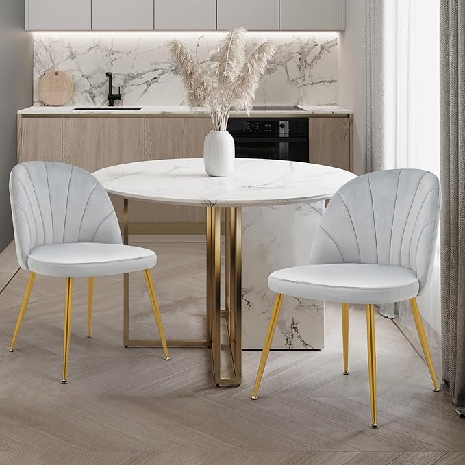 Velvet Dining Chairs Set of 2, Upholstered Mid Century Modern Dining Chairs, Armless Accent Chair with Metal Gold Legs for Living Room, Kitchen, Dining Room, Grey