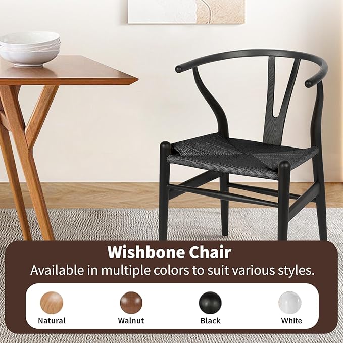 Wishbone Chair Natural Solid Wood Dining Chair/Hans Vegner Y Chair Rattan and Wood Accent Armrest Chairs Set of 4 (Ash Wood - Black)
