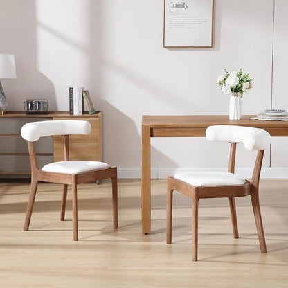 Kmax Dining Room Chairs Mid-Century Modern Fabric Kitchen Chairs with Natural Walnut Finished Frame, Linen Curved Back, Set of 2, White