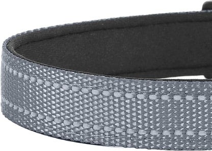Reflective Dog Collar, Adjustable Soft Neoprene Padded Nylon Pet Collars with Buckle for Medium Dogs, Gray,M