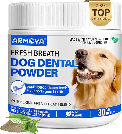 Dog Teeth Cleaning Powder - Dental Powder for Dogs Teeth - Plaque Removal - Supports Gum Health - Tartar Remover with Natural Herb Blend and Postbiotics 30 Day Supply - Mint Flavor