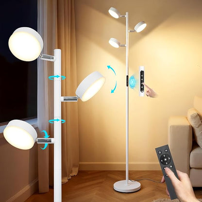 Tree Floor Lamp for Living Room - Modern White Standing Lamp, LED Floor Light with Remote & Touch, 3000K-6000K Dimmable for Bedroom Office Reading (3 Head)