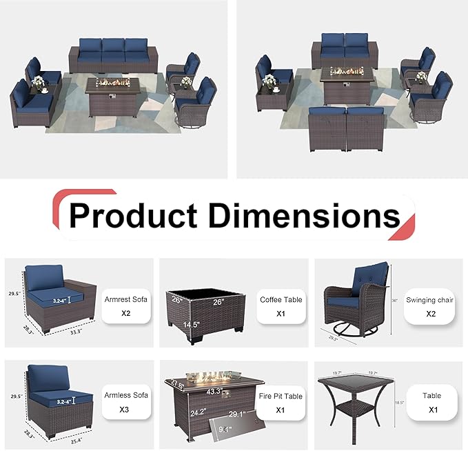 Kurapika 10 Pieces Patio Furniture Set, Rattan Wicker Outdoor Conversation Sets w/43in Propane Fire Pit Table, Swivel Rocking Chairs Patio Sectional Sofa w/4 Inch Cushion, Navy Blue