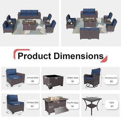 Kurapika 10 Pieces Patio Furniture Set, Rattan Wicker Outdoor Conversation Sets w/43in Propane Fire Pit Table, Swivel Rocking Chairs Patio Sectional Sofa w/4 Inch Cushion, Navy Blue
