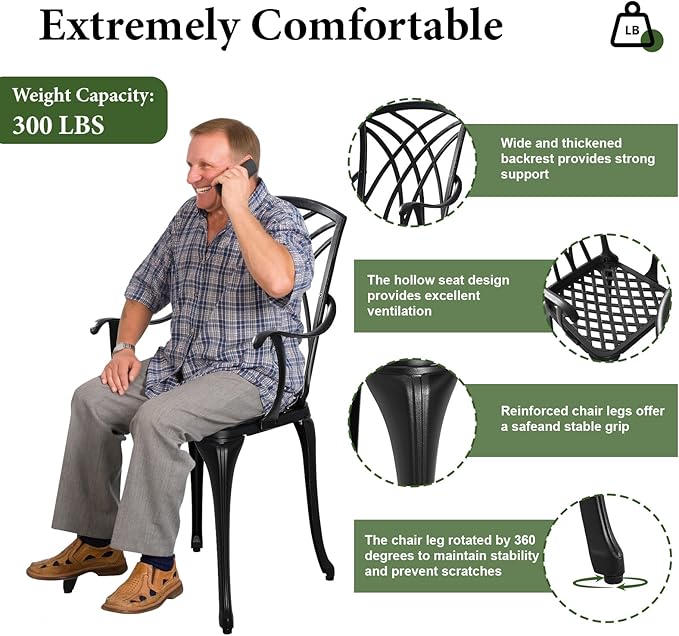 Outdoor Bistro Set 3 Piece Outdoor Bistro Table and Chairs Set Table with Umbrella Hole, Cushions, Cast Aluminum Patio Furniture for Porch, Backyard, Garden, Black