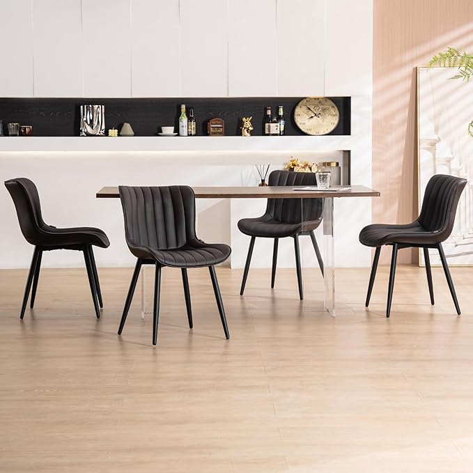 YOUNUOKE Dining Chairs Set of 2 Upholstered Mid Century Modern Kitchen Chair Comfortable Armless Faux Leather Accent Chair with Metal Legs for Guest Waiting Reception Living Room, Dark Brown