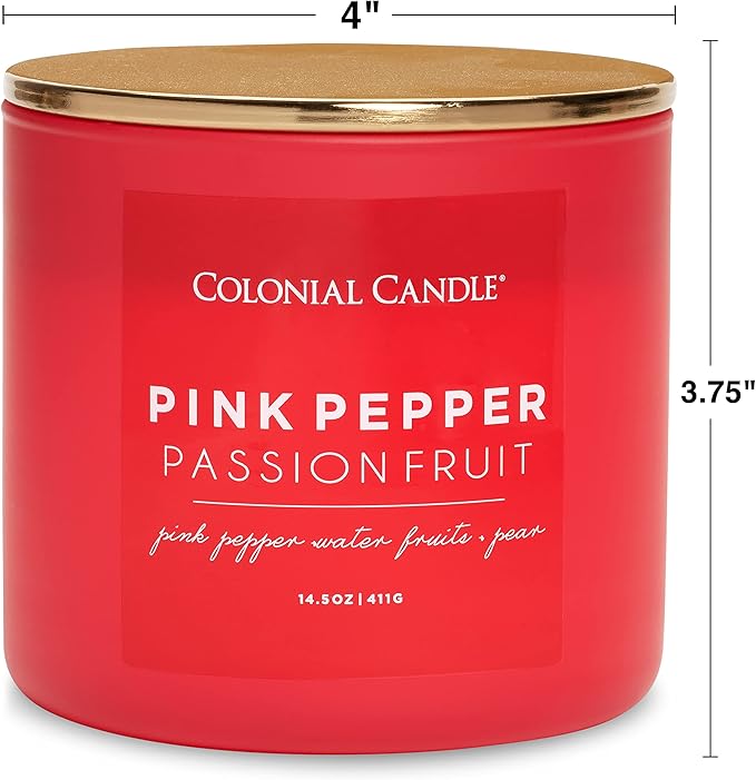 Colonial Candle Pink Pepper Passionfruit Scented Jar Candle, Pop of Color Collection, 3 Wick, Red, 14.5 oz - Up to 60 Hours Burn