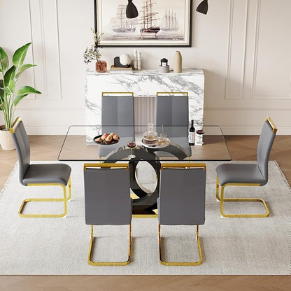 gopop 63'' Glass Dining Table Set for 6, Modern Kitchen & Dining Room Set, Rectangular Table with Clear Glass Top, Black Legs, Gold Metal Base, 6 PU Leather Chairs, Easy Assembly