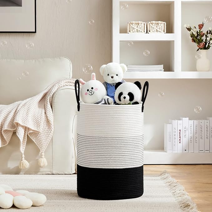 VIPOSCO Large Laundry Hamper, Tall Woven Rope Storage Basket for Blanket, Toys, Dirty Clothes in Living Room, Bathroom, Bedroom - 72L White & Black