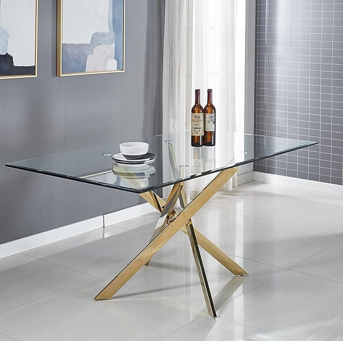 51-Inch Glass Dining Room Table for 4-6 People, Modern Rectangular Kitchen Dining Table with Gold Cross-Shape Stainless Steel Legs for Apartment Kitchen Dining Room