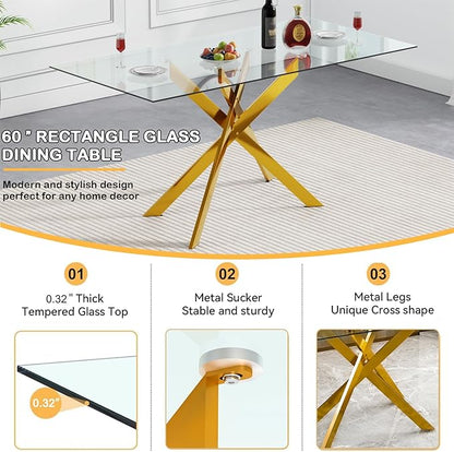 Modern Glass Dining Table Set for 4, Gold Glass Kitchen Table and Chairs Set of 4, 5 Piece Dining Room Table Set with 61" Rectangular Metal Glass Dinner Table and 4 White Leather Dining Chairs