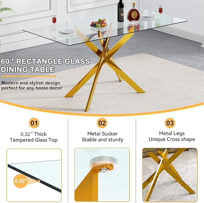 Goujxcy Glass Dining Table Set for 4, Modern Kitchen Table and Chairs Set of 4, 5-Piece Kitchen Dining Room Table Set w/61 Glass Gold Dining Table and 4 Blue Velvet Upholstered Chairs