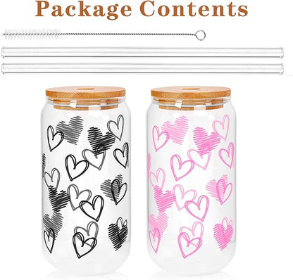 Mason Life Iced Coffee Cups, Valentines Cups Gifts for Her Women 18 OZ Hearts Cup Beer Glass, Love Can Couple Drinking Glasses, Glass Cups with Bamboo Lids and Straws, Valentines Day Gifts - 2 Sets