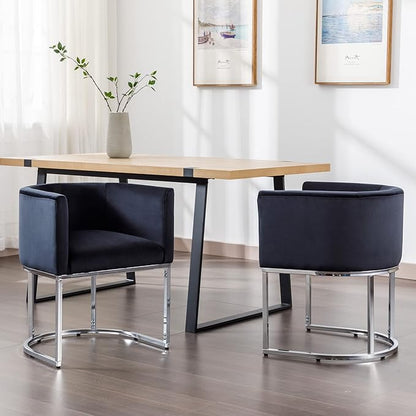 Velvet Dining Chairs Set of 3 Modern Barrel Arm Chairs with Chrome Metal Frame, Upholstered Kitchen Chairs 18.5" Wide Accent Chairs for Living Room Dining Room Restaurant, Black