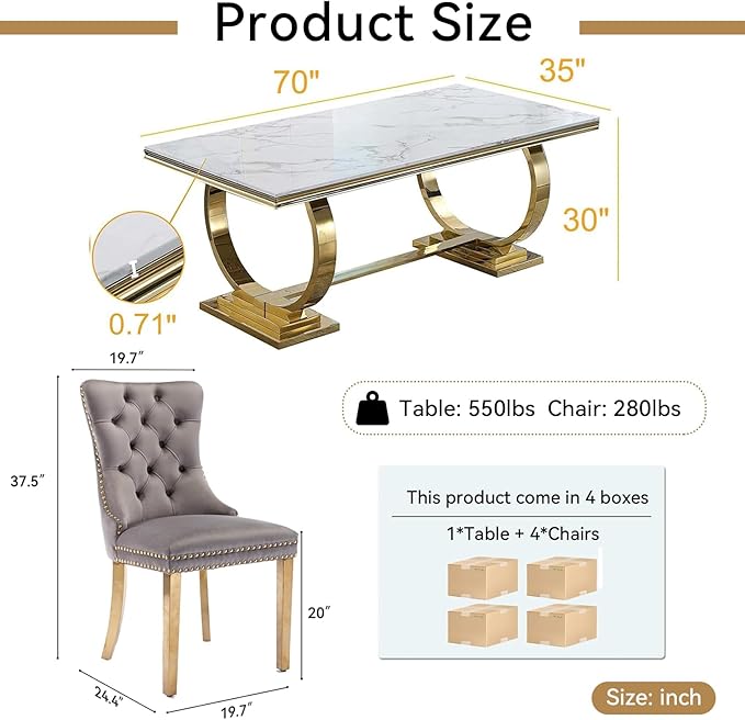 Goujxcy 5 Piece Marble Dining Table Set for 4, Luxury White Marble Gold Kitchen Table with 4 Grey Velvet Upholstered Chairs, Modern 4 Person Dining Room Table Set for Kicken Dining Office Room