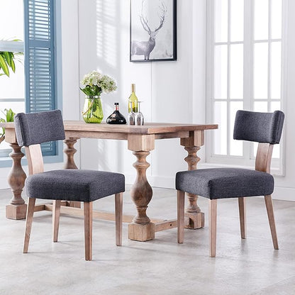 Linen Dining Chairs Set of 2, Modern Dining Chair with Curved Backrest and Wood Legs Upholstered Dining Chairs Farmhouse Dining Room Chairs Kitchen Chairs, Charcoal