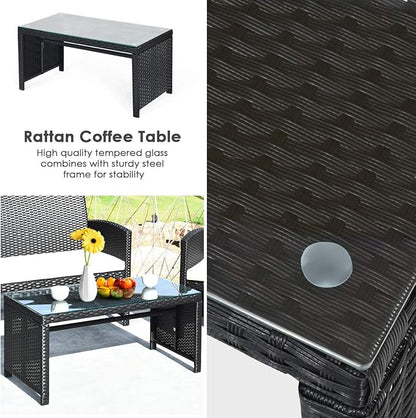 Tangkula Patio Wicker Conversation Furniture Set, Patiojoy Sofa & Table Set w/4 Seats, Outdoor Rattan Sofa Set for Balcony Backyard, Wicker Chair Set with Tempered Glass Coffee Table (1, White)