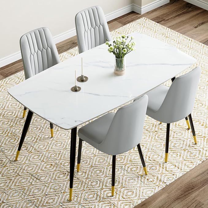 White Dining Table Set for 4, 62'' Dining Table Set for 4, Sintered Stone Dining Room Sets for 4, Easy to Assemble