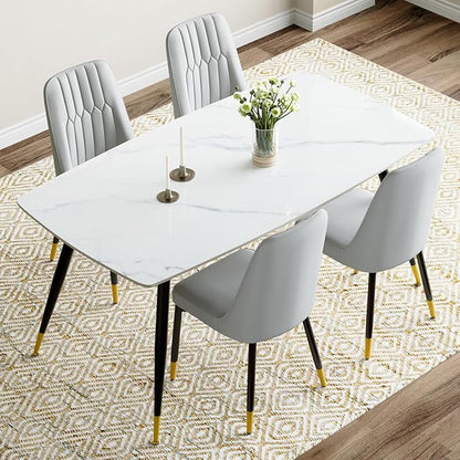 White Dining Table Set for 4, 62'' Dining Table Set for 4, Sintered Stone Dining Room Sets for 4, Easy to Assemble