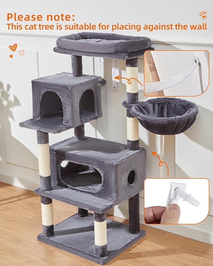 Taoqimiao Cat Tree,49-Inch Cat Tower for Indoor Cats,2 Luxurious cat condo with Adjustable Large Hanging Baskets and Large Luxurious Perch Smoky Gray MS029LG