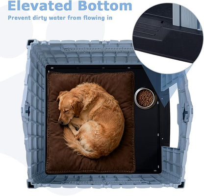PUKAMI Large Dog House Outdoor Indoor, Plastic Dog House Weatherproof for Large Dogs, Study Puppy Shelter with Air Vents and Elevated Floor, Easy Clean and Assemble (Blue, 31.5"D x 33.5"W x 33.9"H)