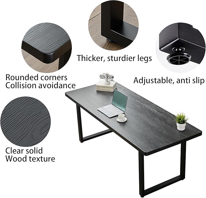 Modern Solid Wood Dining Table with Metal Base Stylish Durable Dining Room Table in Black Multiple Sizes Home Use Office Desk(78.74in)