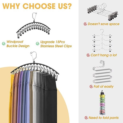 Upgrade Skirt Pants Hangers with Clips, Metal Legging Organizer for Closet with 15 Cilps Holds 90 Leggings/Shorts/Jeans/Skirts Pants Hangers Space Saving Closet Organizers and Storage, Black 6Pack